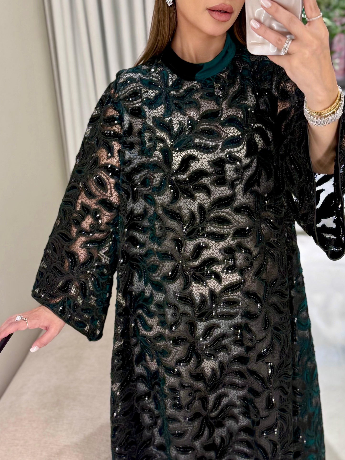 Velvet Kaftan - dark green x Grey x cutouts & Embellishmentsi
