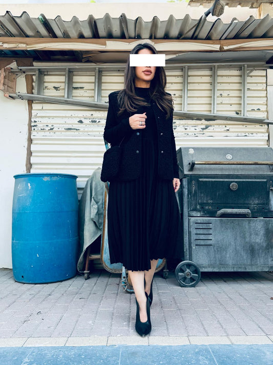 Winter Dress set - Midi x Vest x cross bag -Black