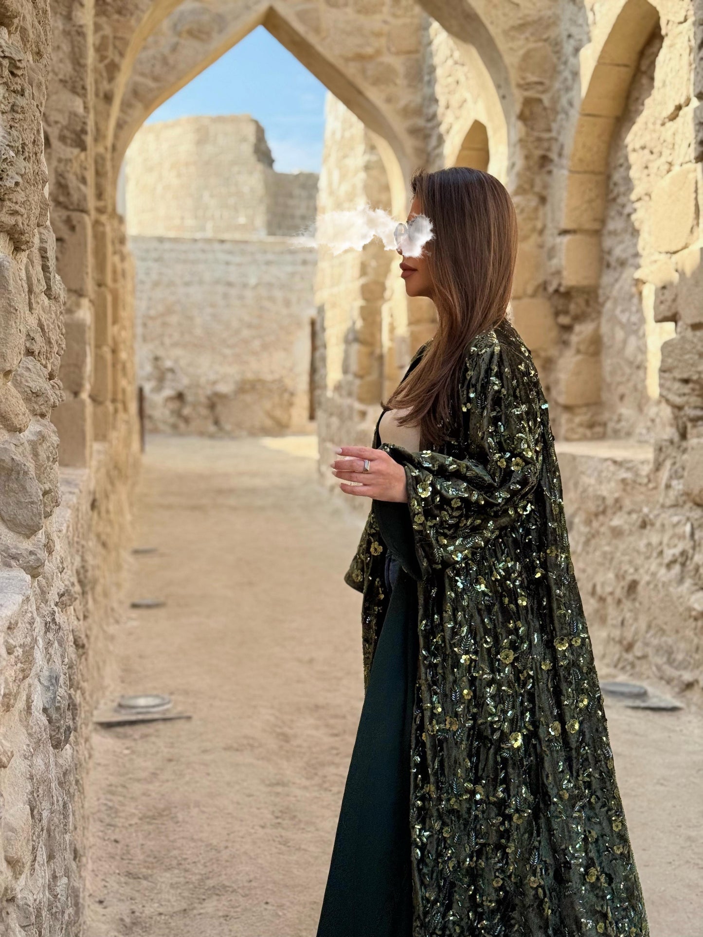 Velvet Bisht -Olive x Embellishments