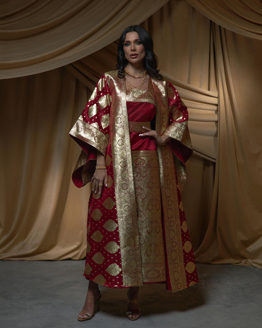 Teo Piece Brocade Bisht/ Dress - Red x Gold