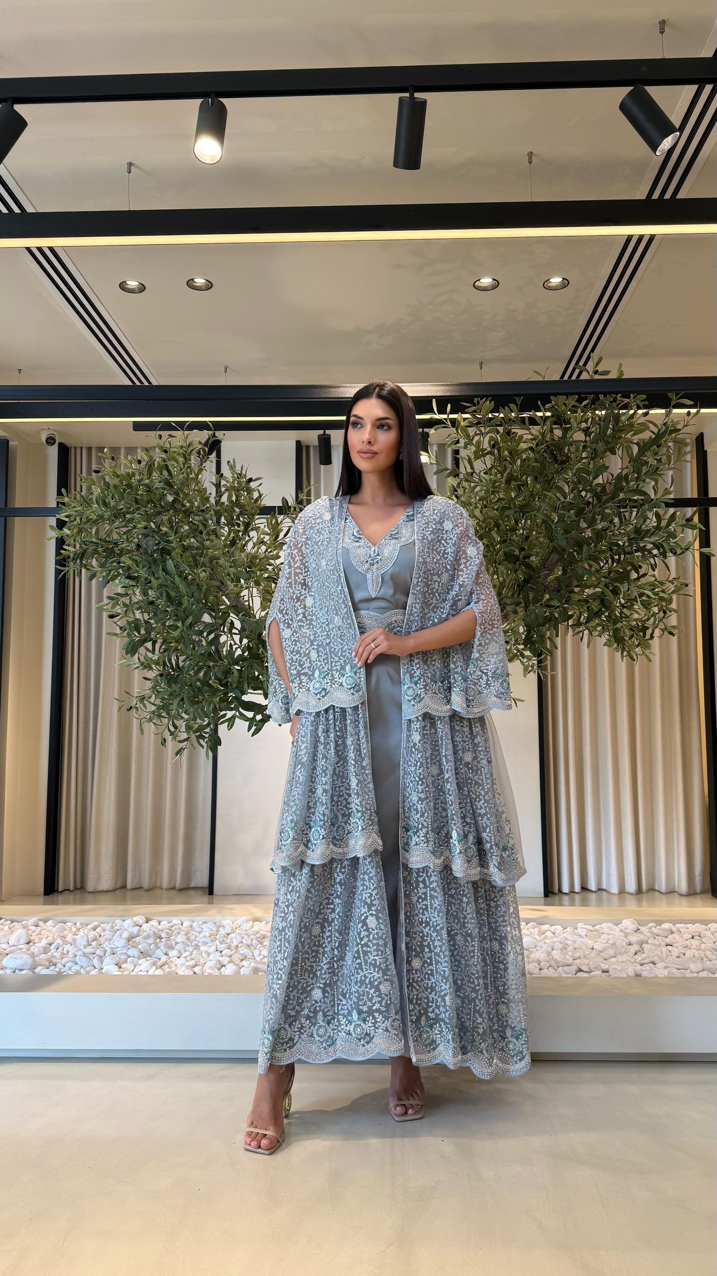 Triple Layer Cape Bisht set-Grey