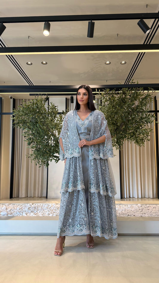 Triple Layer Cape Bisht set-Grey