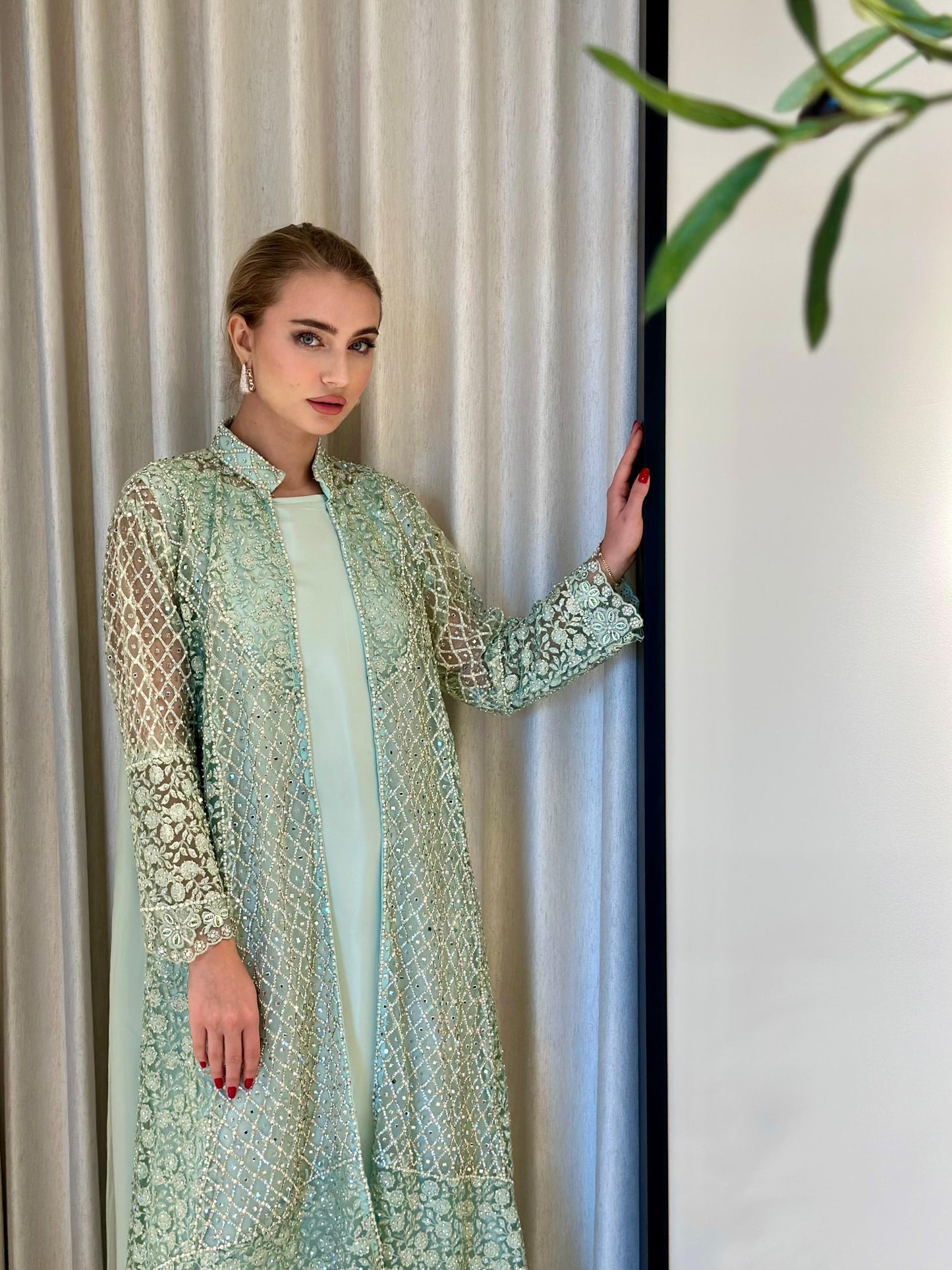 Jelwa two piece mirrors Kaftan - Light Green