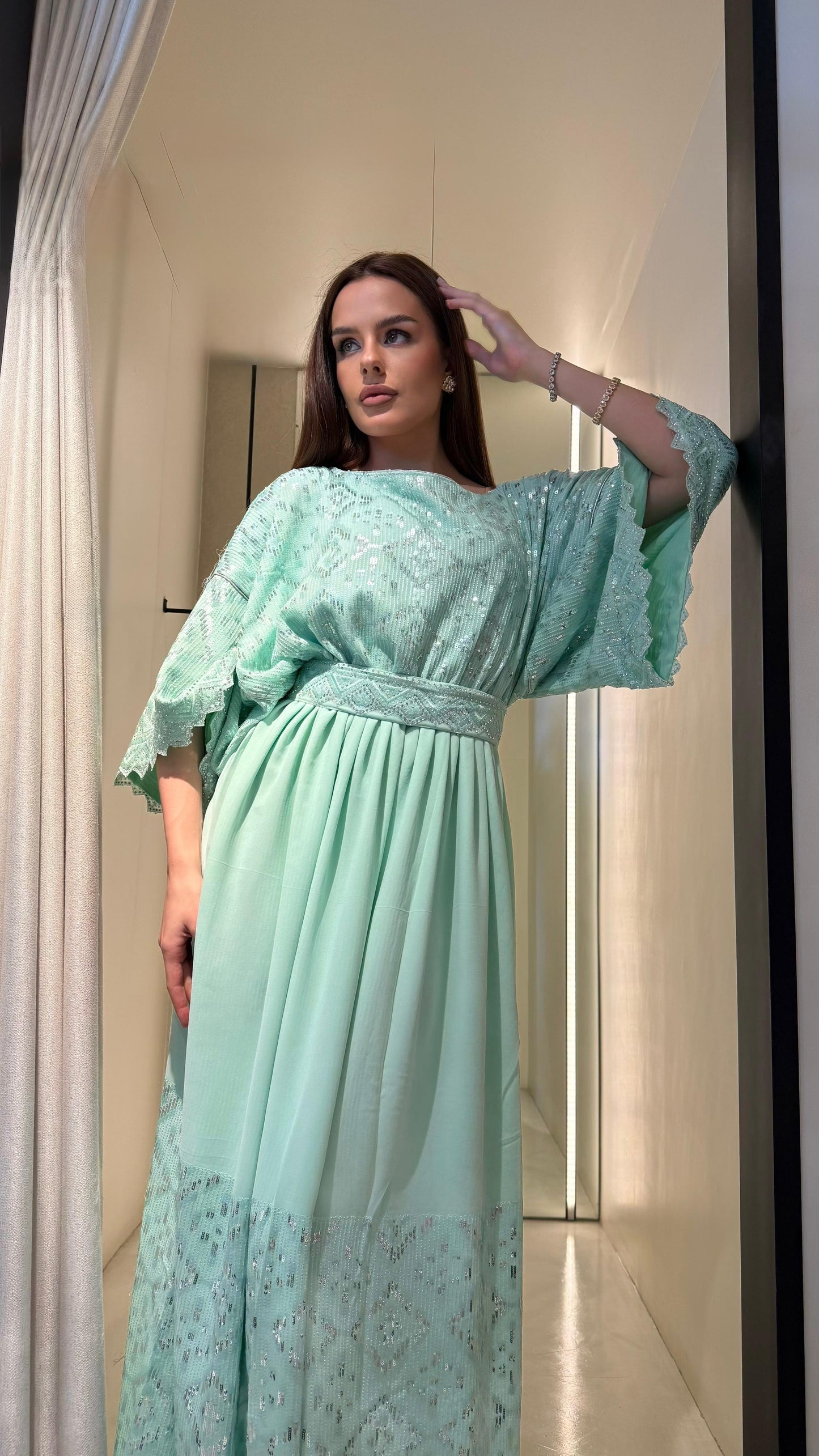 Wide Sleeves Flowy Jelwa Dress-Aqua