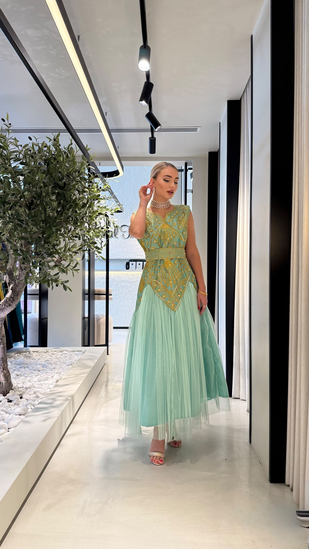 Nashel Jelwa Geometrical Dress X Tulle- Aqua