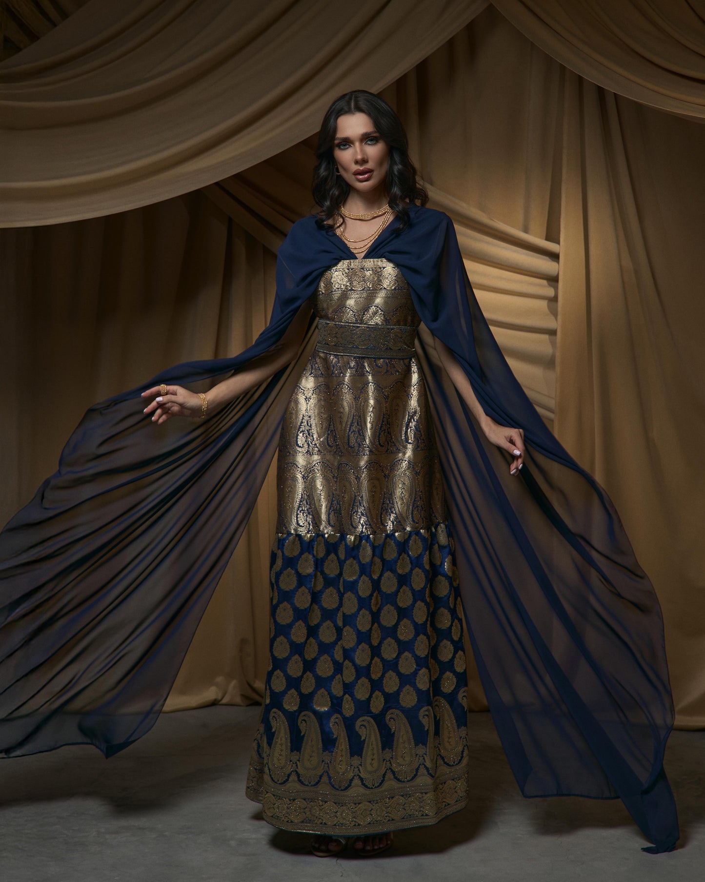 Brocade Dress - Navy Blue x Gold