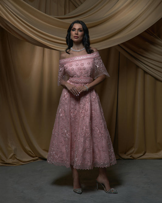 Offshoulders Floral Pearls Midi Jelwa Dress- Pink