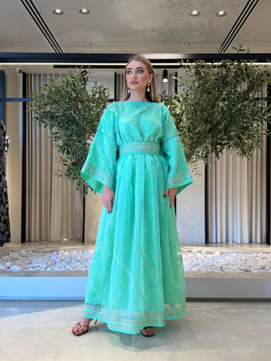 Jelwa Organza Flare Dress -Turquoise