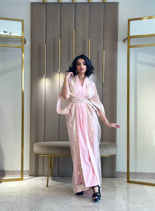 Draped Tulle Kaftan/Bisht set - powder pink