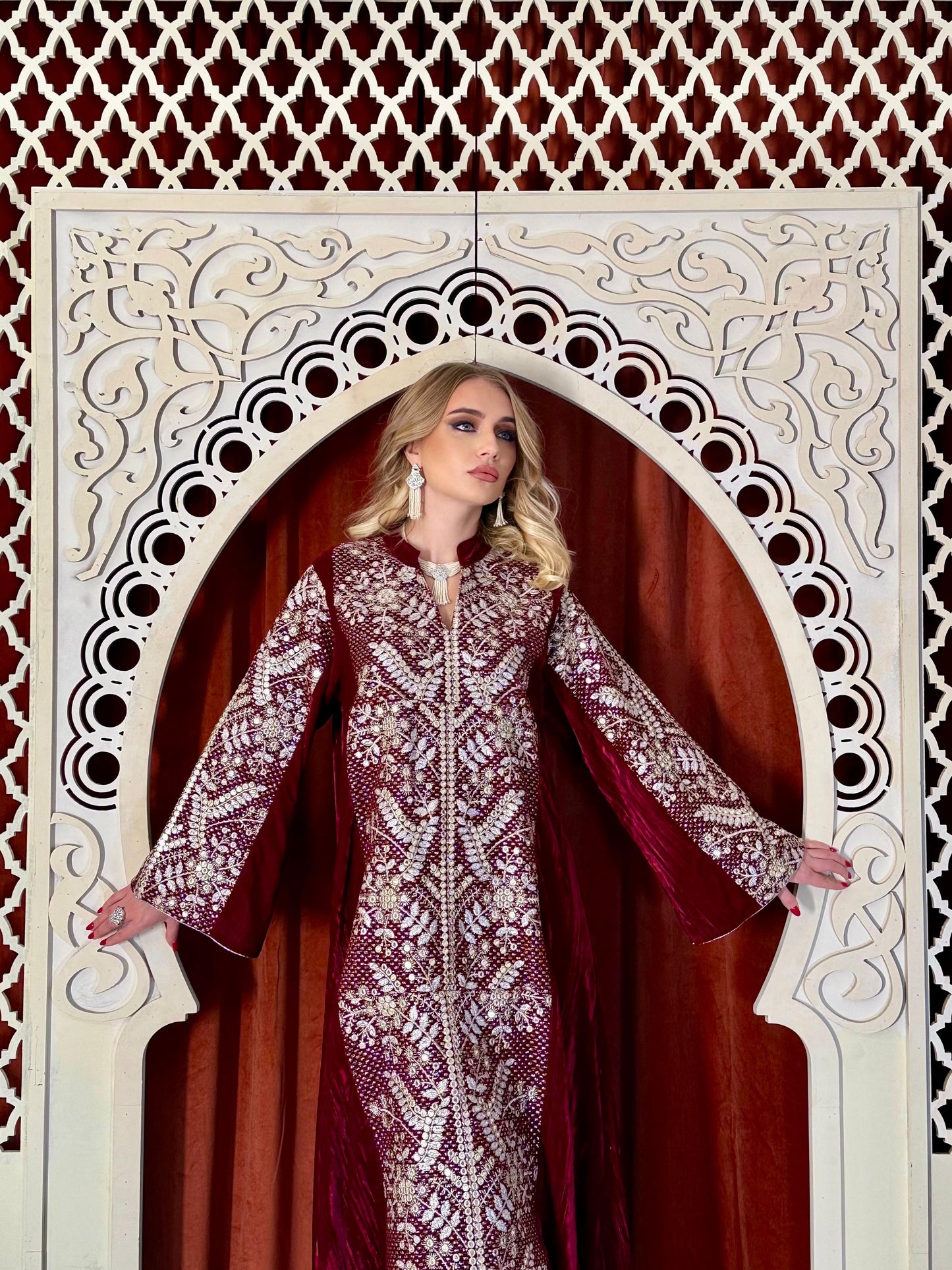 Velvet Embroidery Kaftan - Maroon