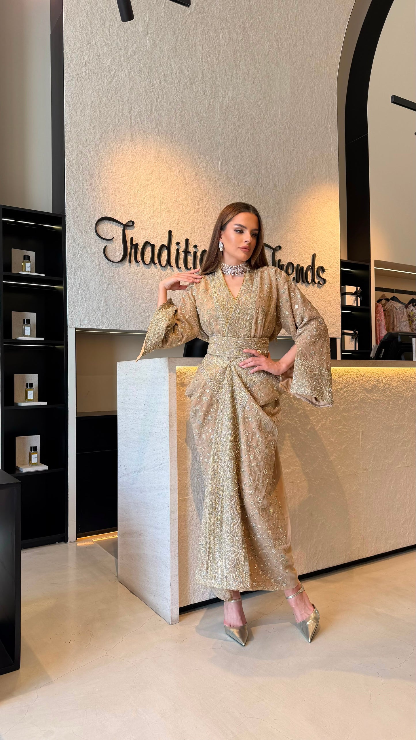 Draped long sleeve Jelwa Dress- Beige