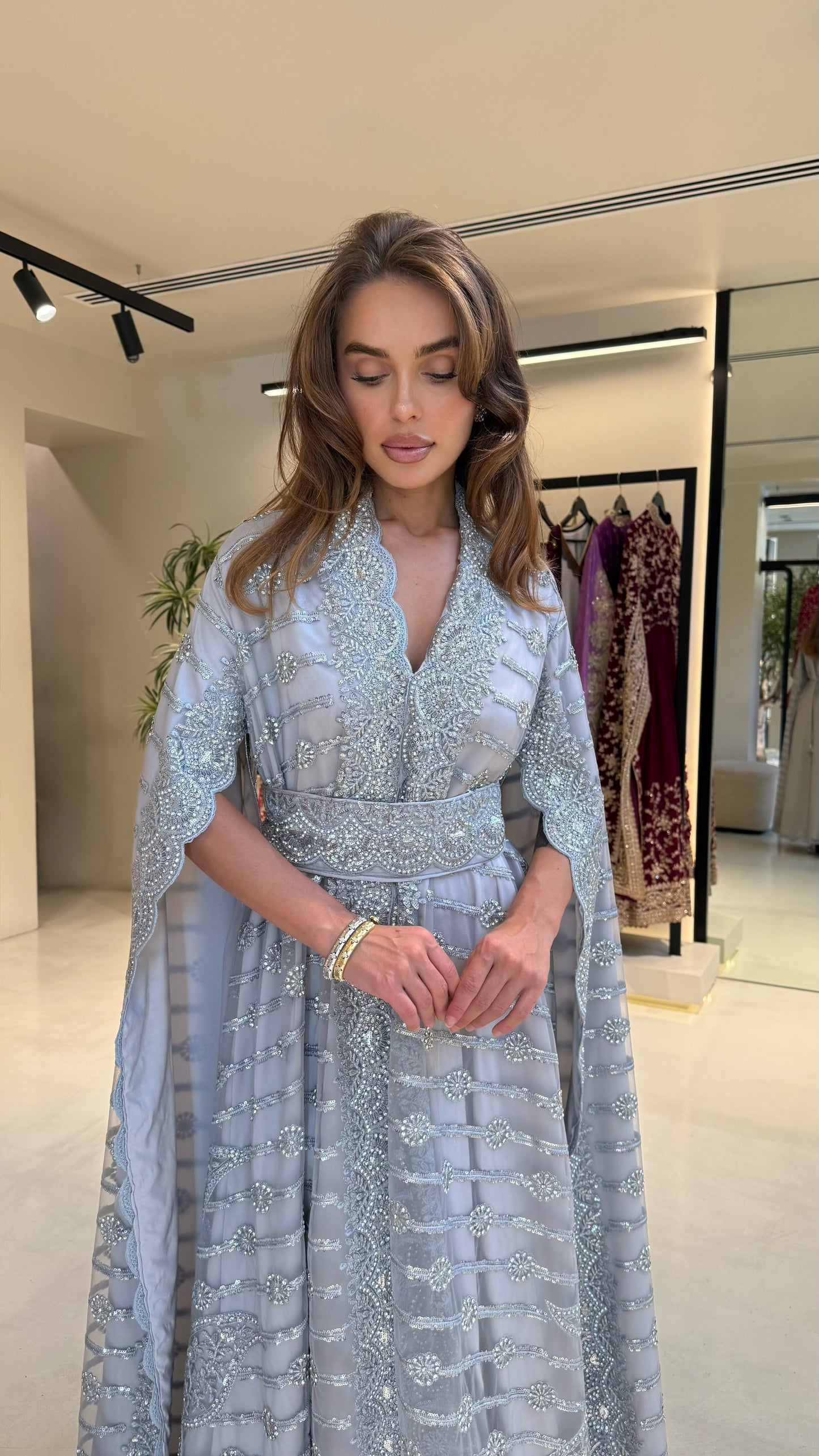 Long Cape sleeves Jelwa Kaftan -Soft Blue