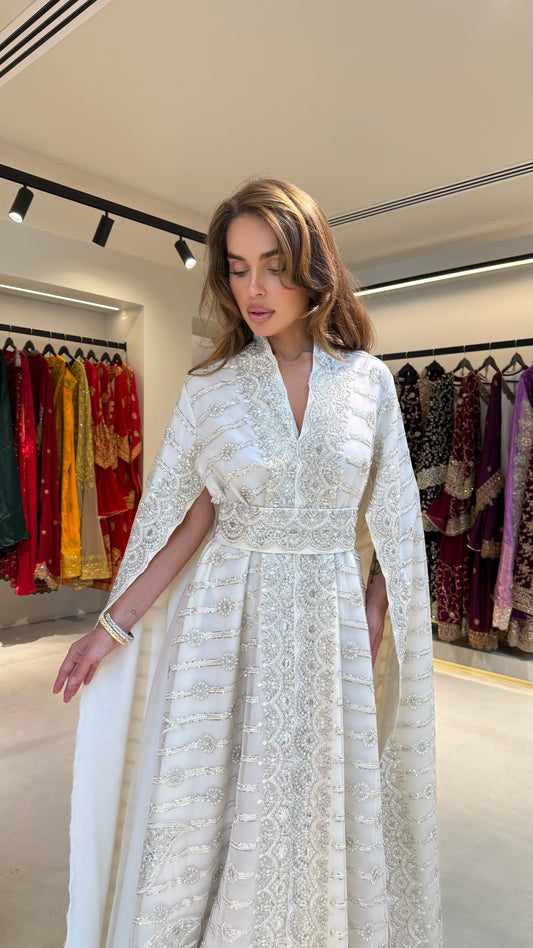 Long Cape sleeves Jelwa Kaftan -Pure White