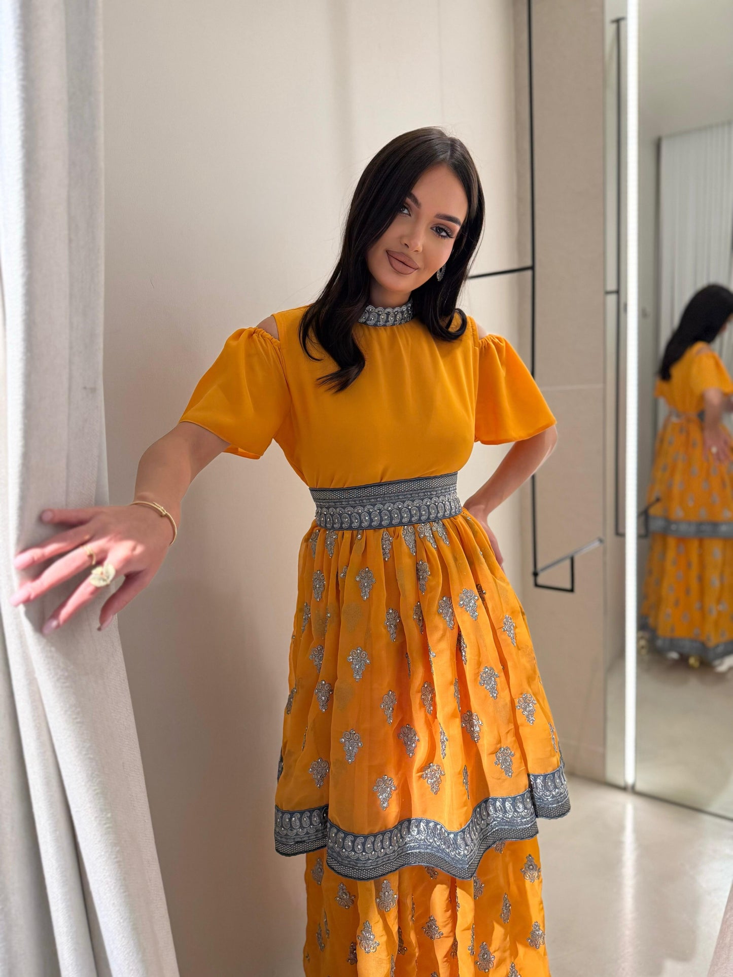 Off shoulders/ Double Layers Jelwa Dress- Mustard