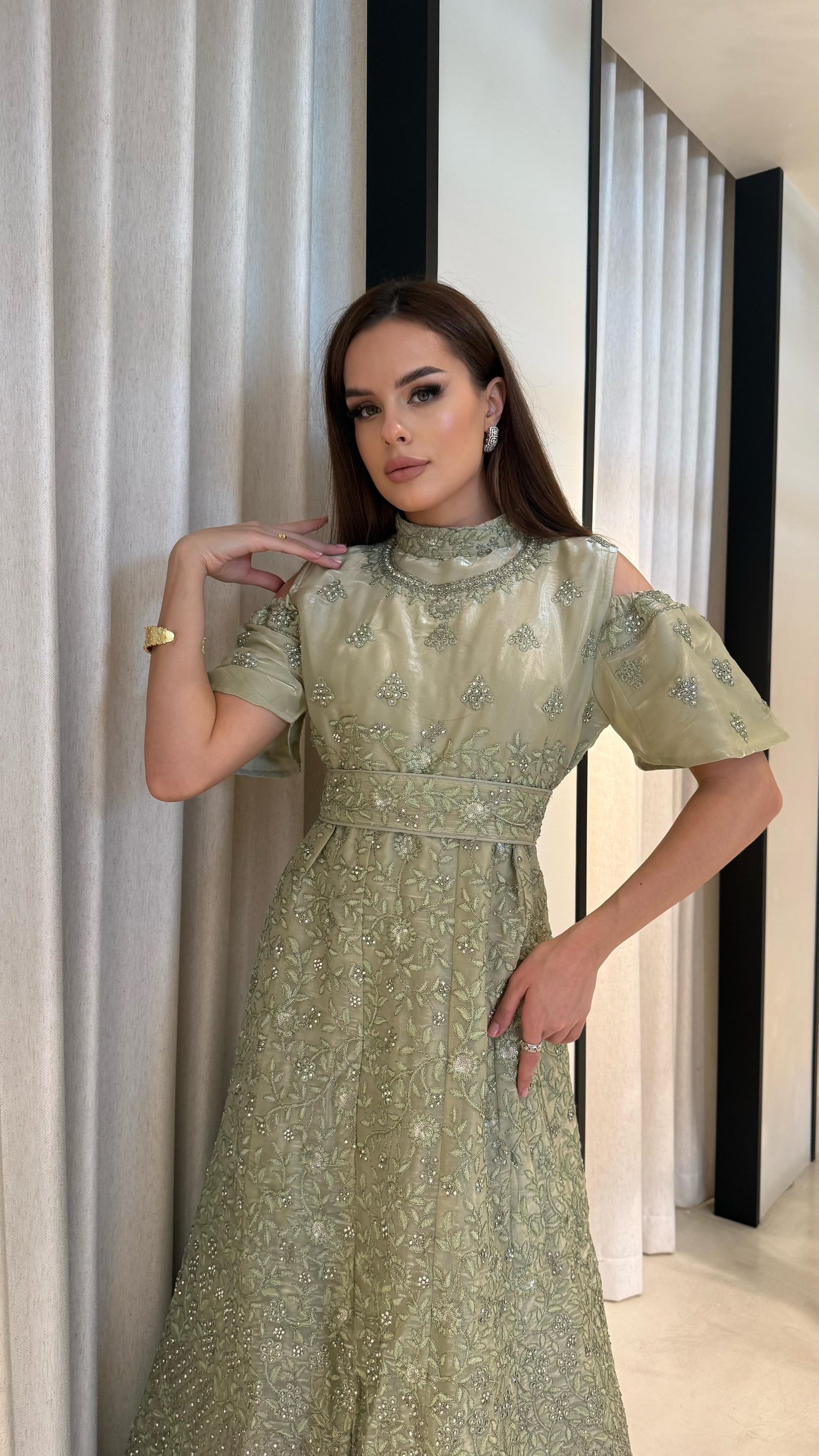 Off shoulders/ Double Layers Jelwa Dress- light mint
