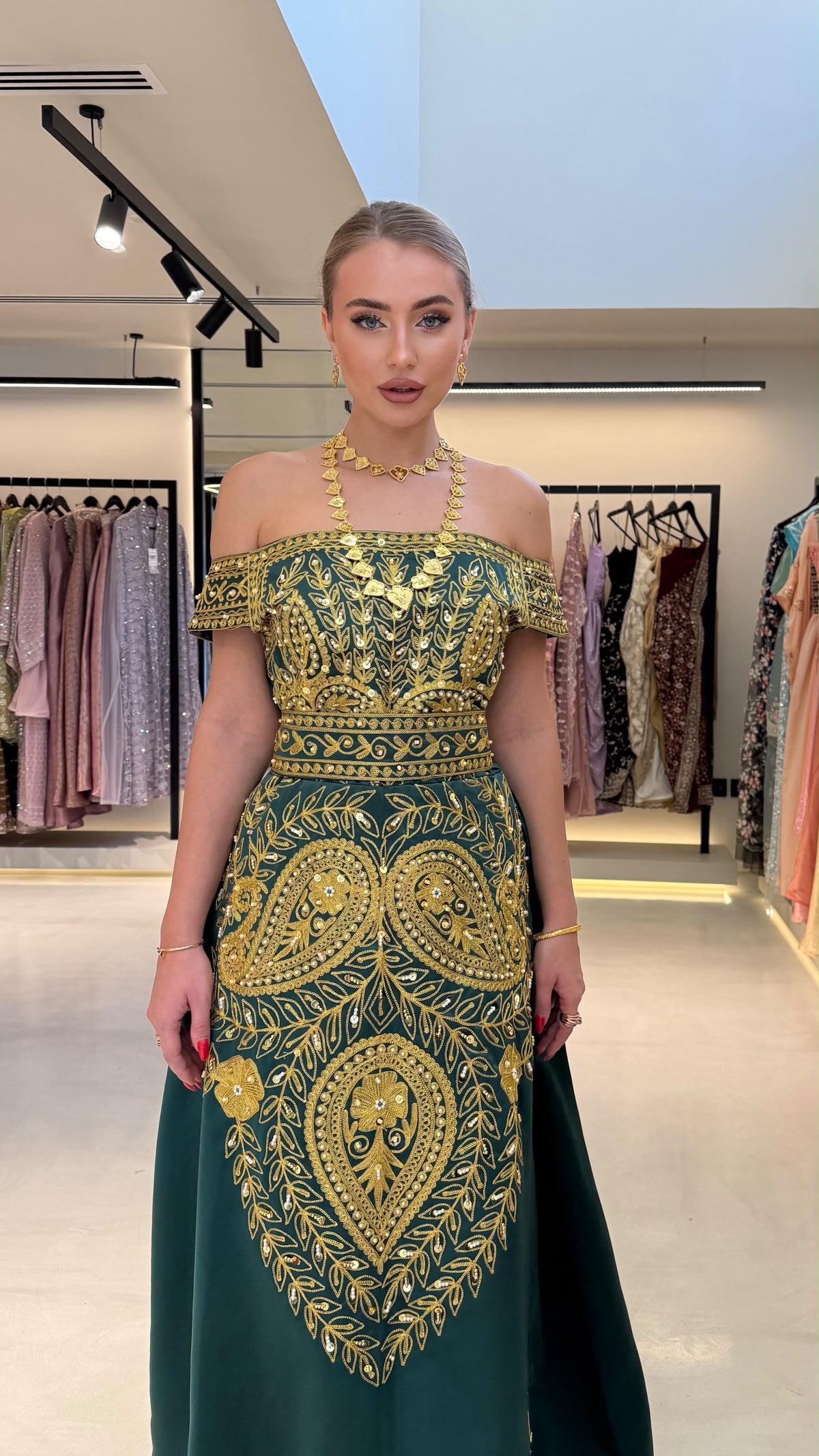 Nashel Bridal Jelwa Dress- offshoulders Green x Gold