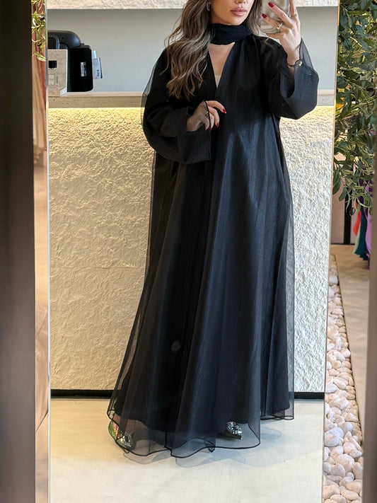 Winter Tulle Abaya- Black