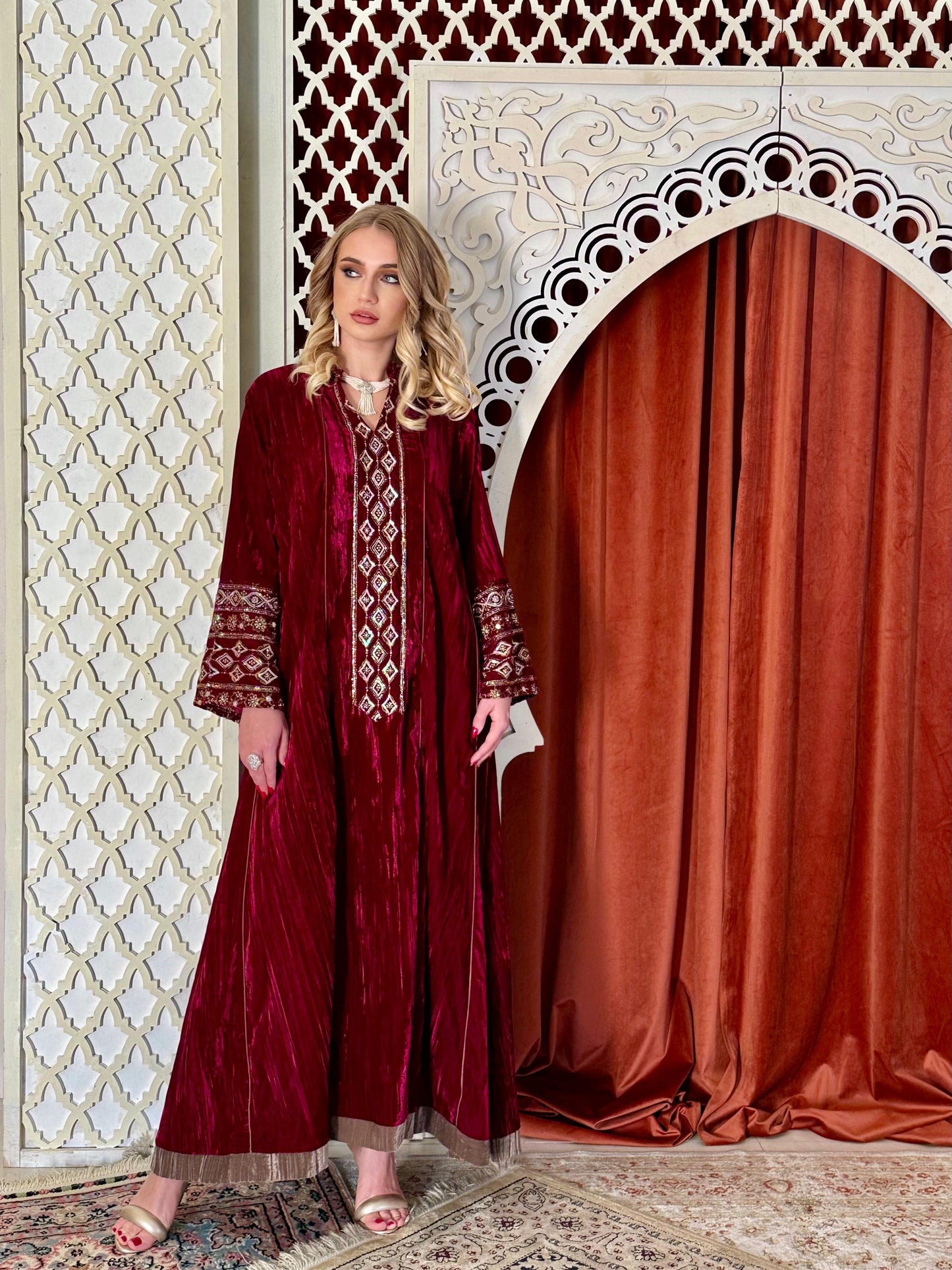Velvet Winter Kaftan-Maroon
