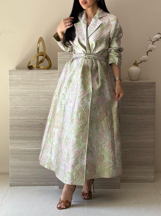 Brocade Trench Dress - Green x Lavender