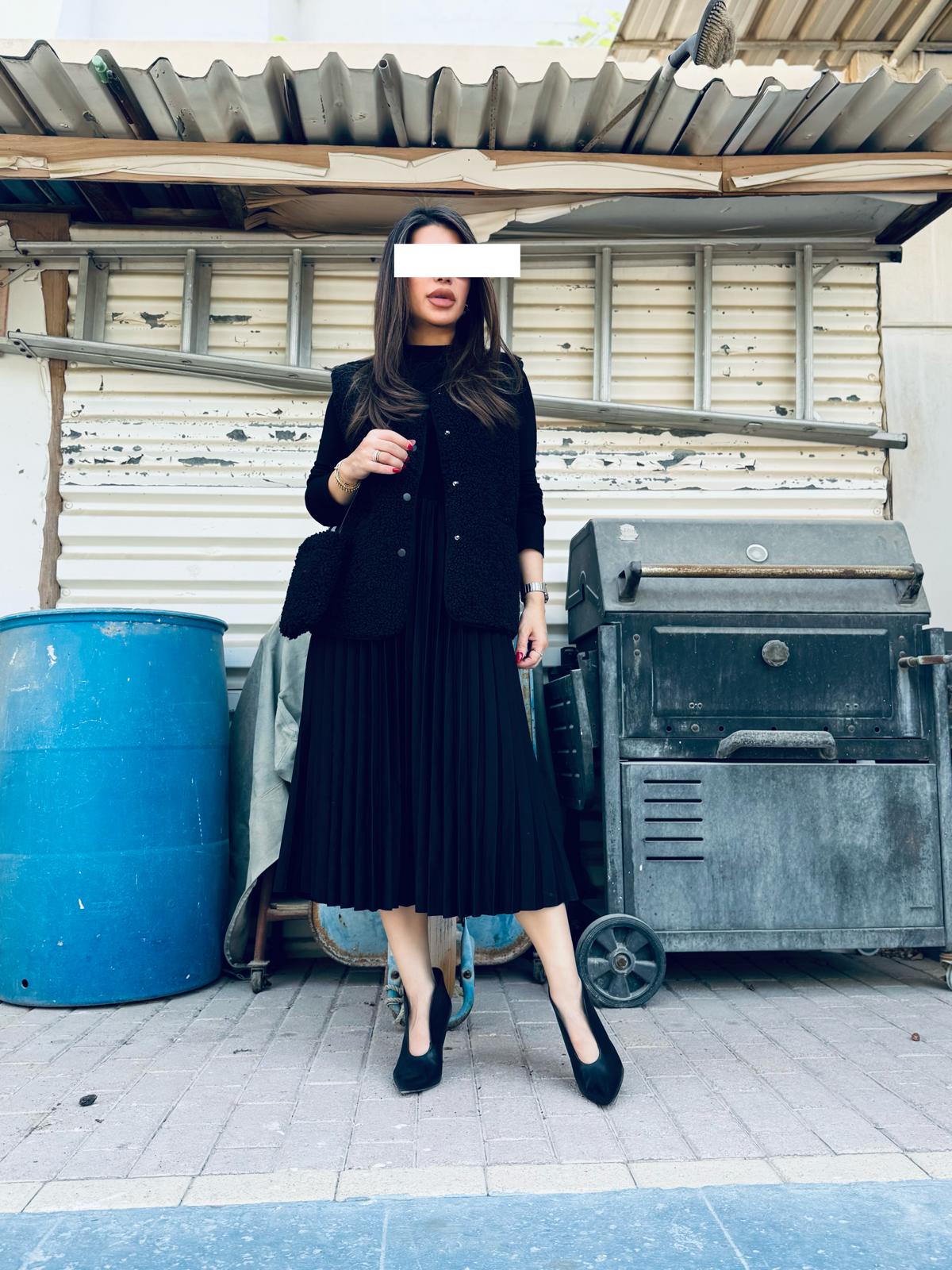 Winter Dress set - Midi x Vest x cross bag -Black