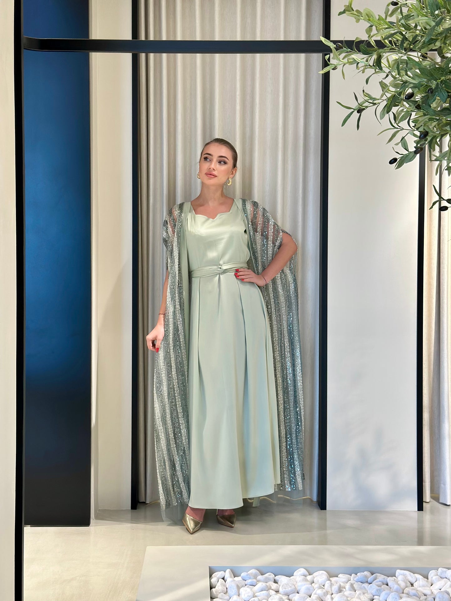 Two piece sequins cape kaftan set - light mint