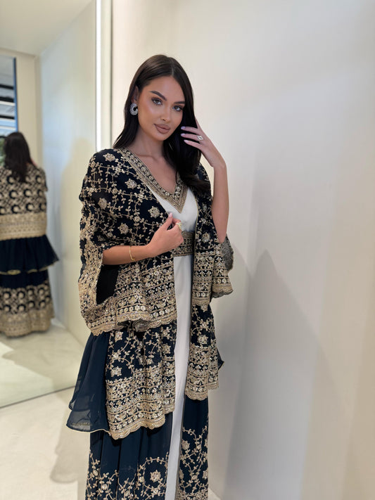 Triple Layer Cape Bisht-Dark Teal
