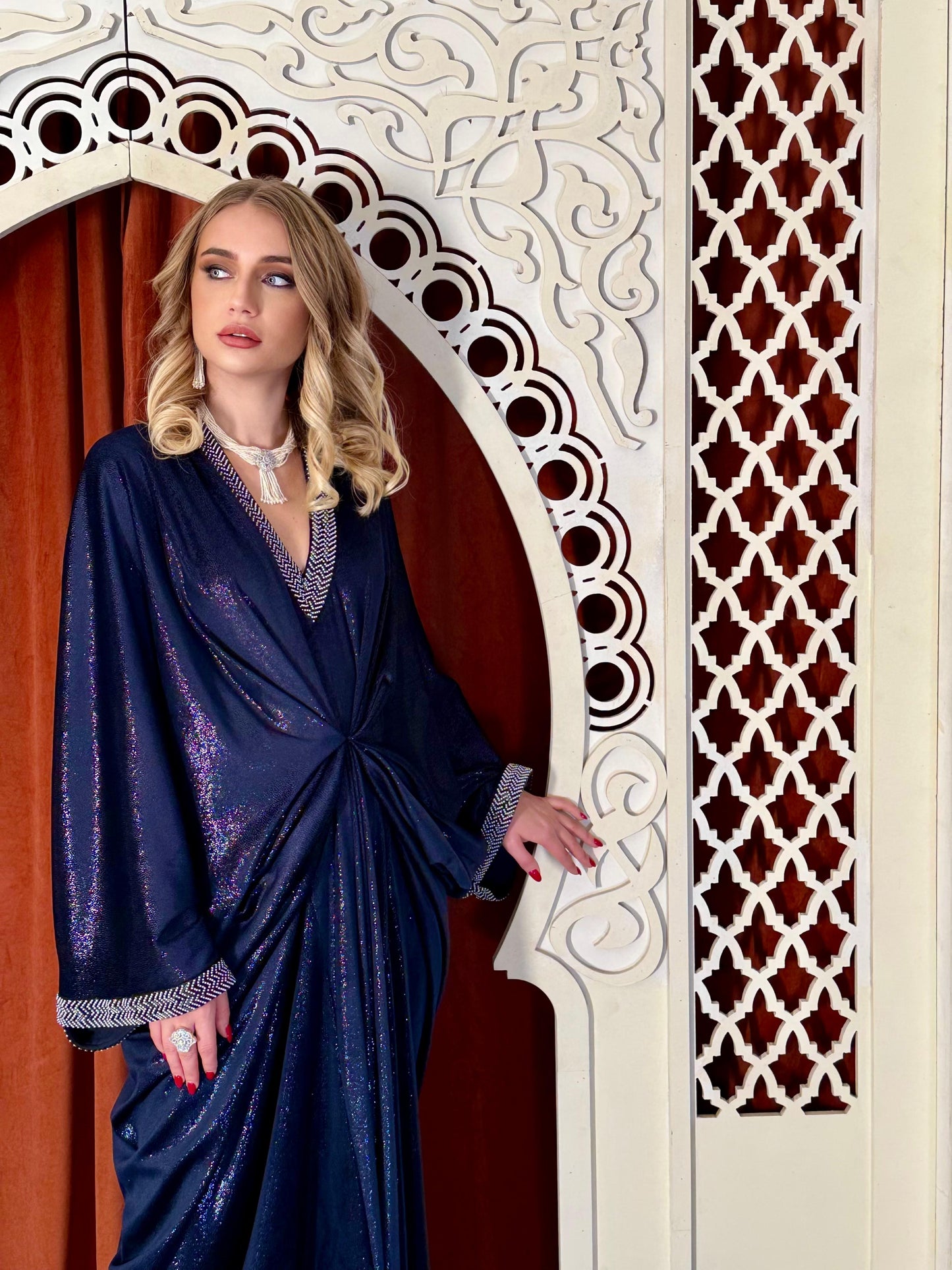 Velvet Draped Kaftan- Navy Blue