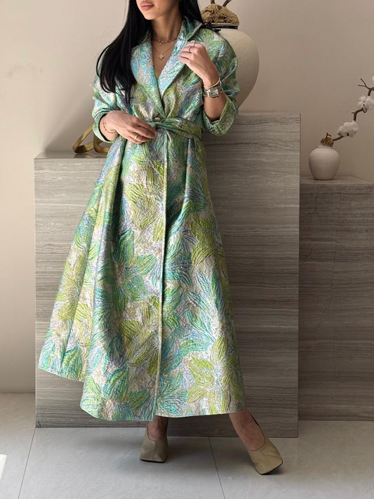 Brocade Trench Dress - Mint x Gold