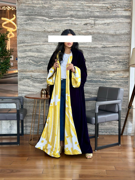 Velvet Winter Bisht- Violet x Yellow