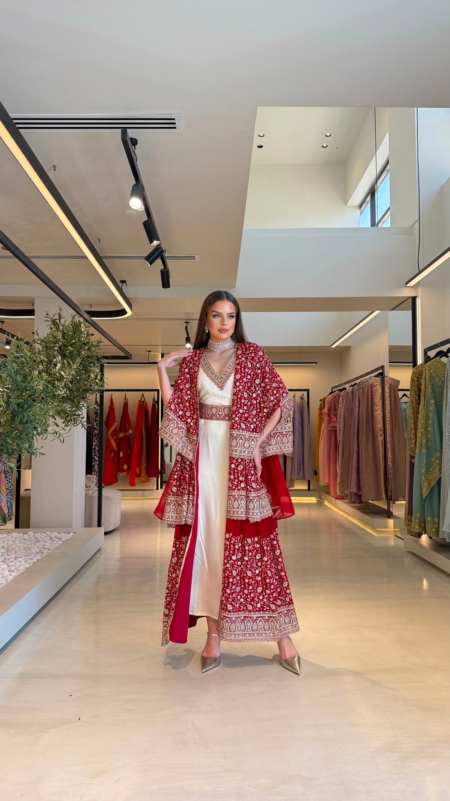 Triple Layer Jelwa Kaftan Bisht set - Scarlet