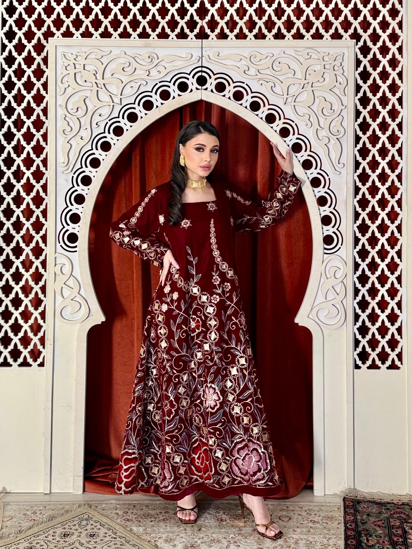 Flora Velvet flowy Kaftan  - Maroon