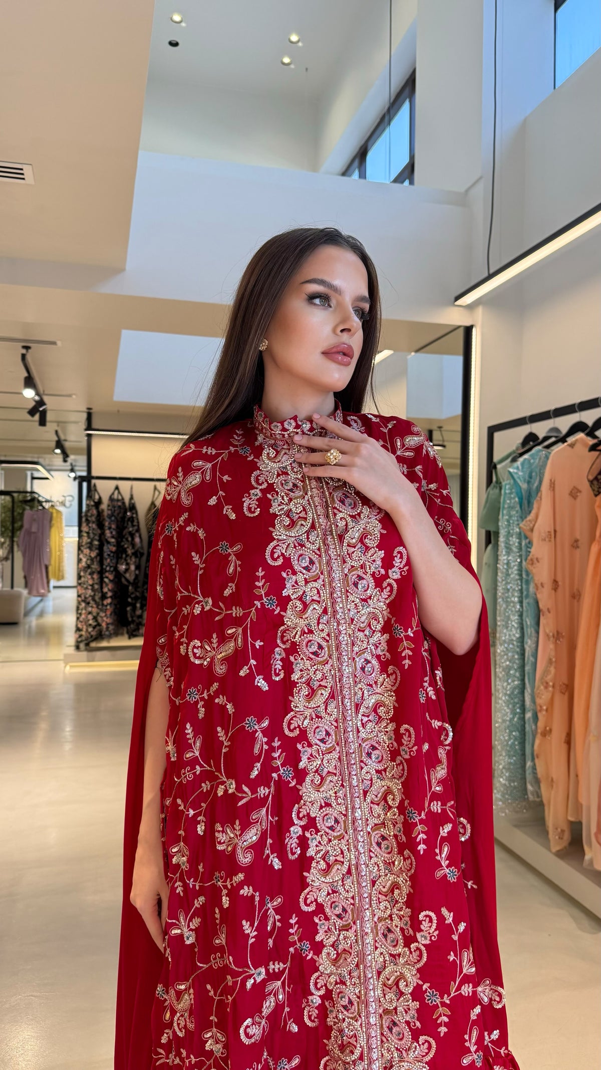 Ruffles Cape Jelwa kaftan -Scarlet