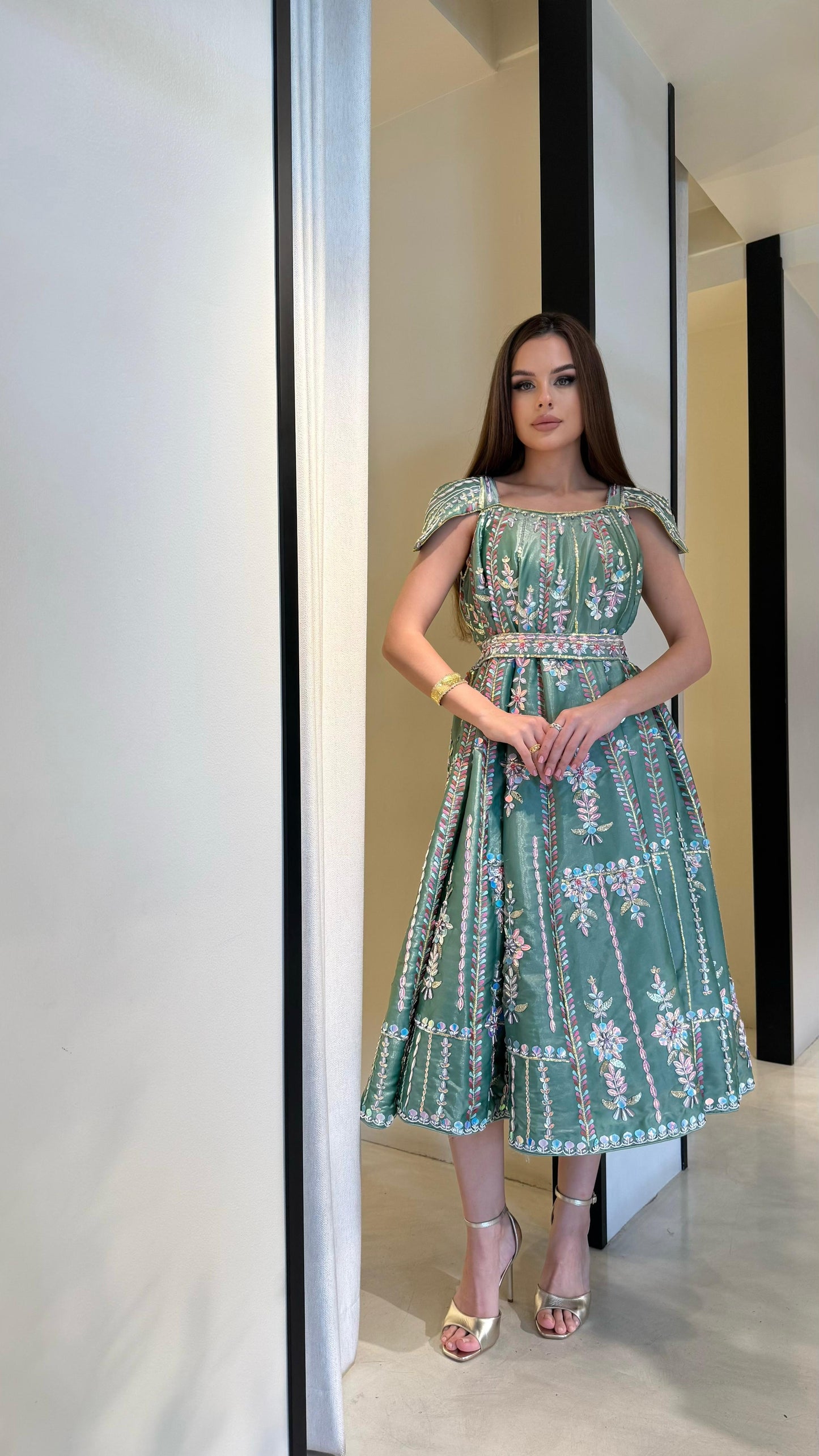 Midi fully embellished Jelwa Dress- mint x pink