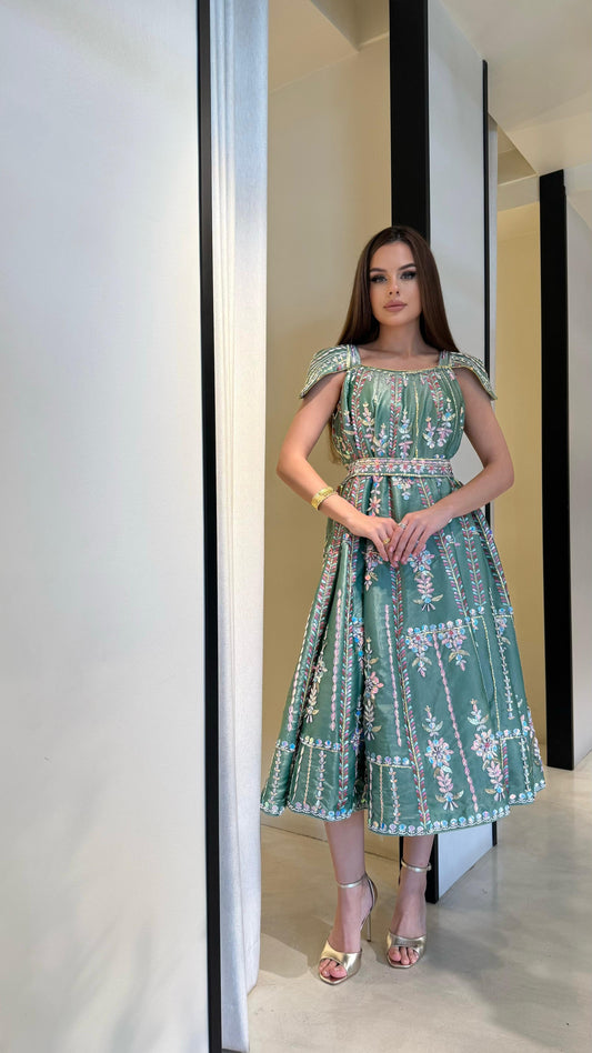 Midi fully embellished Jelwa Dress- mint x pink