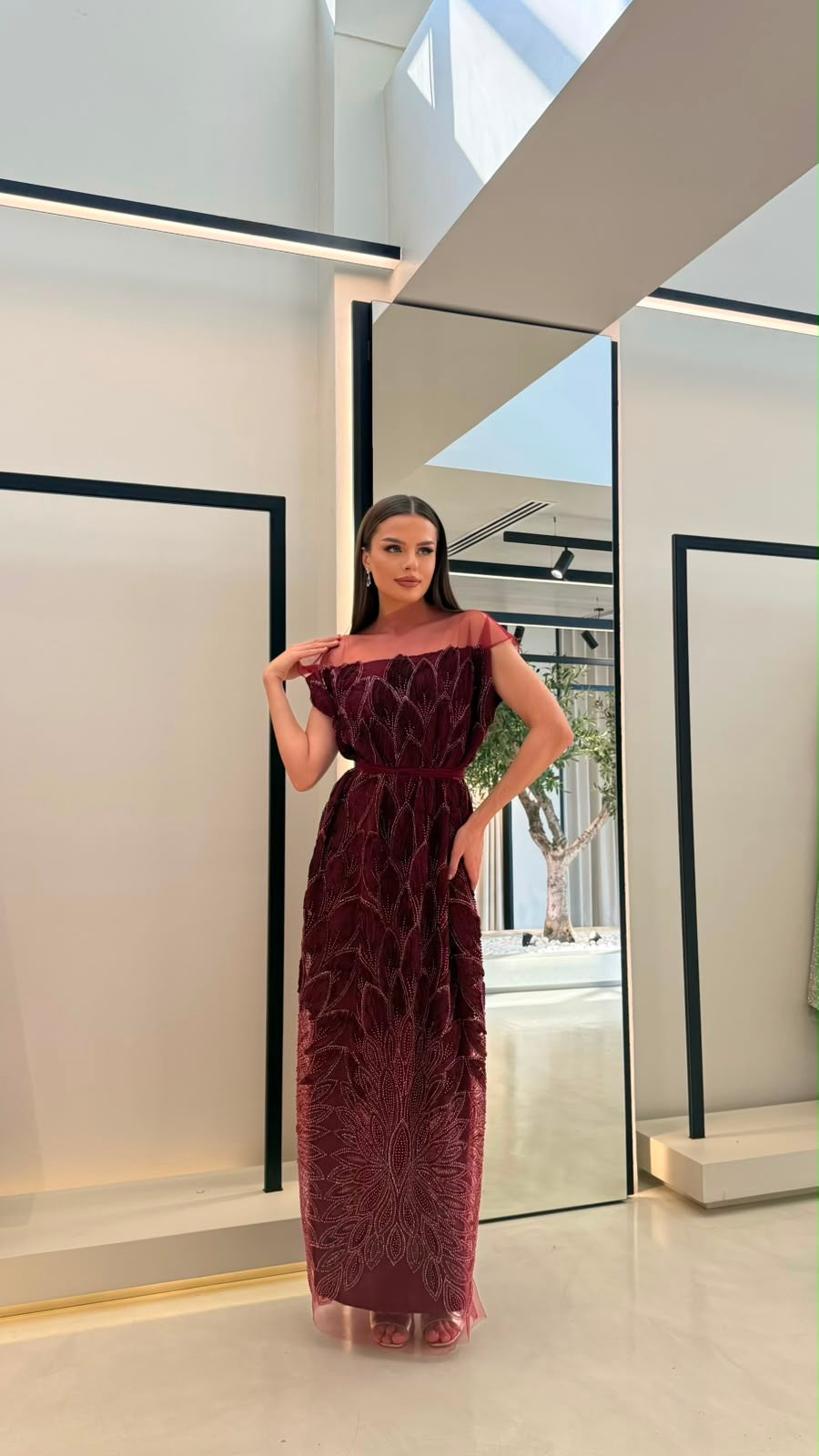 Straight cut Jelwa Kaftan-Maroon