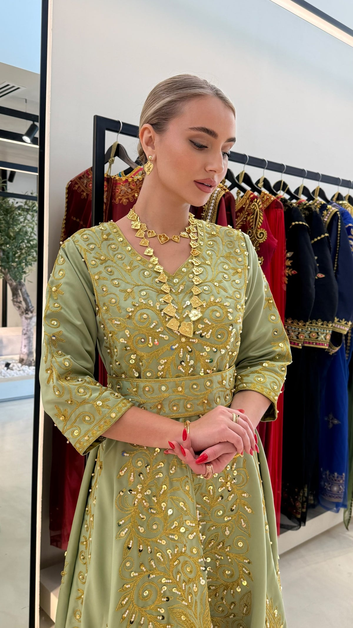 Nashel Jelwa Sattan Dress- Moss Green x pearls embellishment