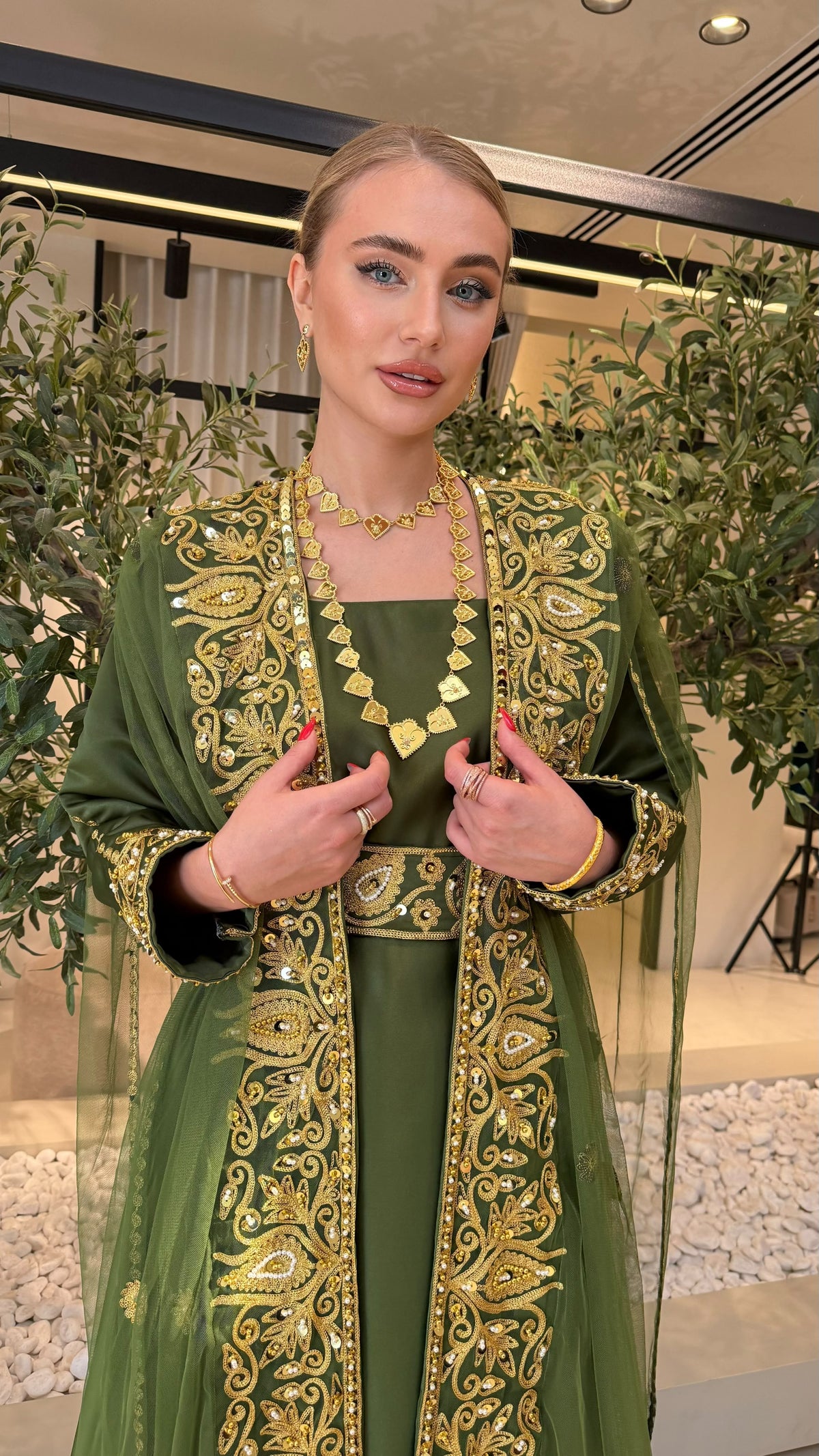 Nashel Jelwa Bisht/ Dress set- Olive Green
