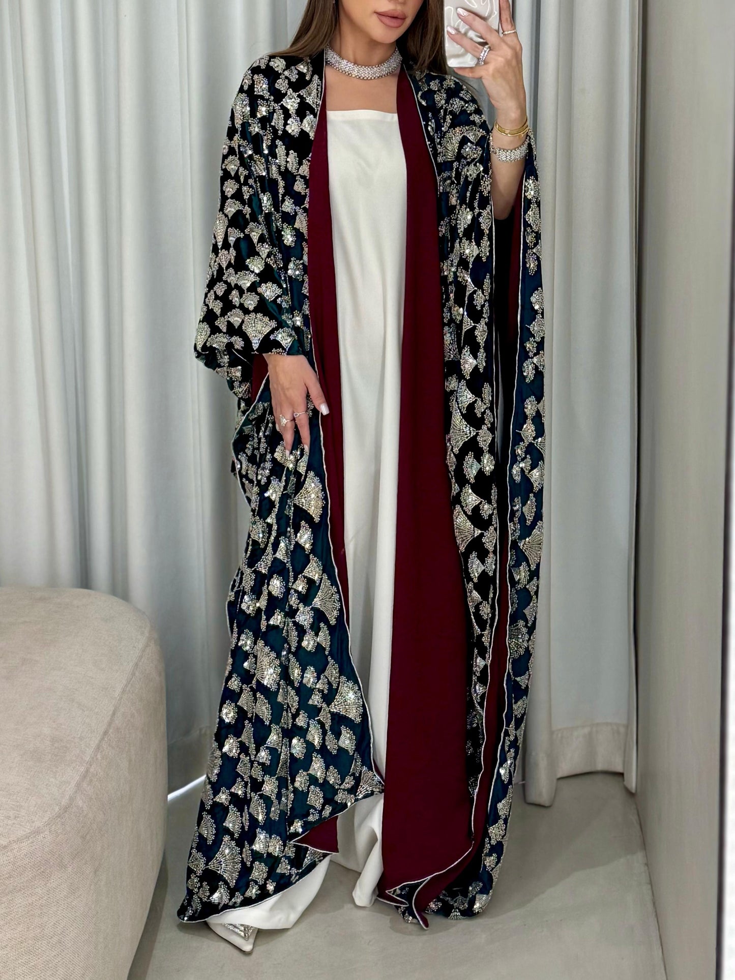 Velvet Poncho - Green x Maroon x silver Embellishments