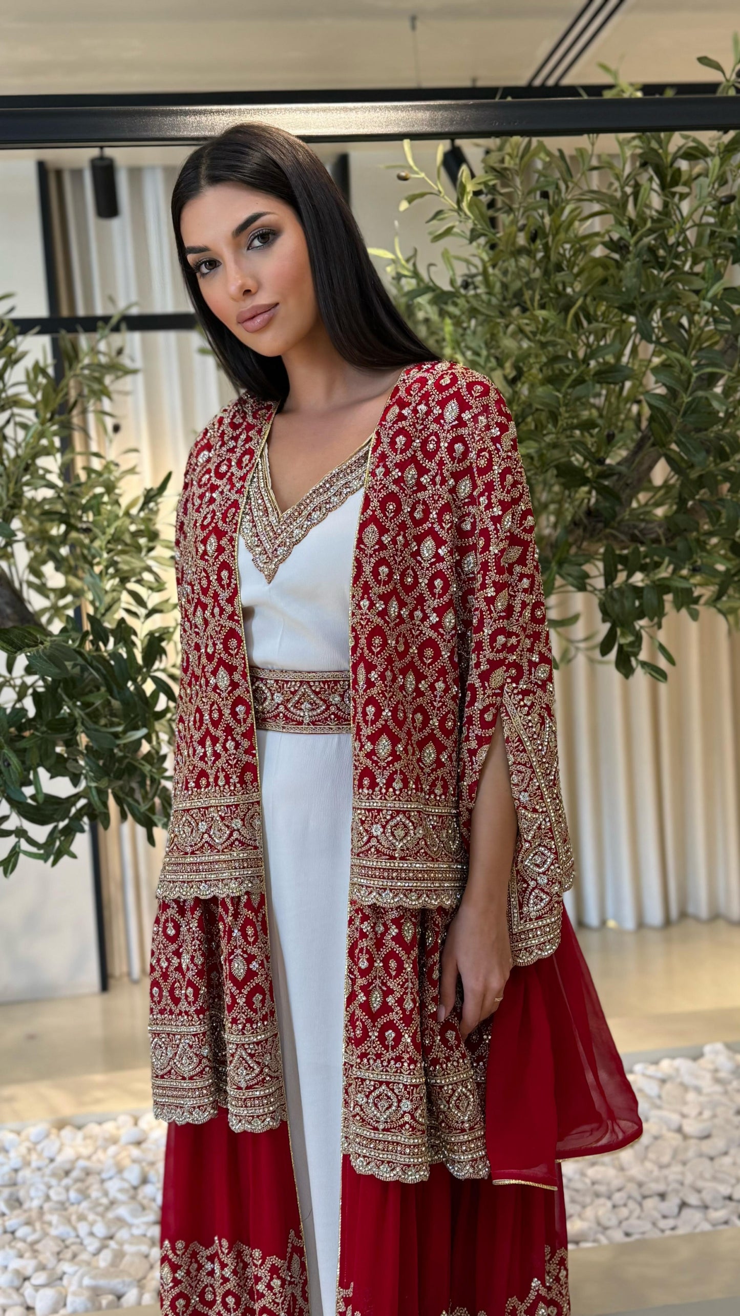 Triple Layer Cape Bisht set- Red