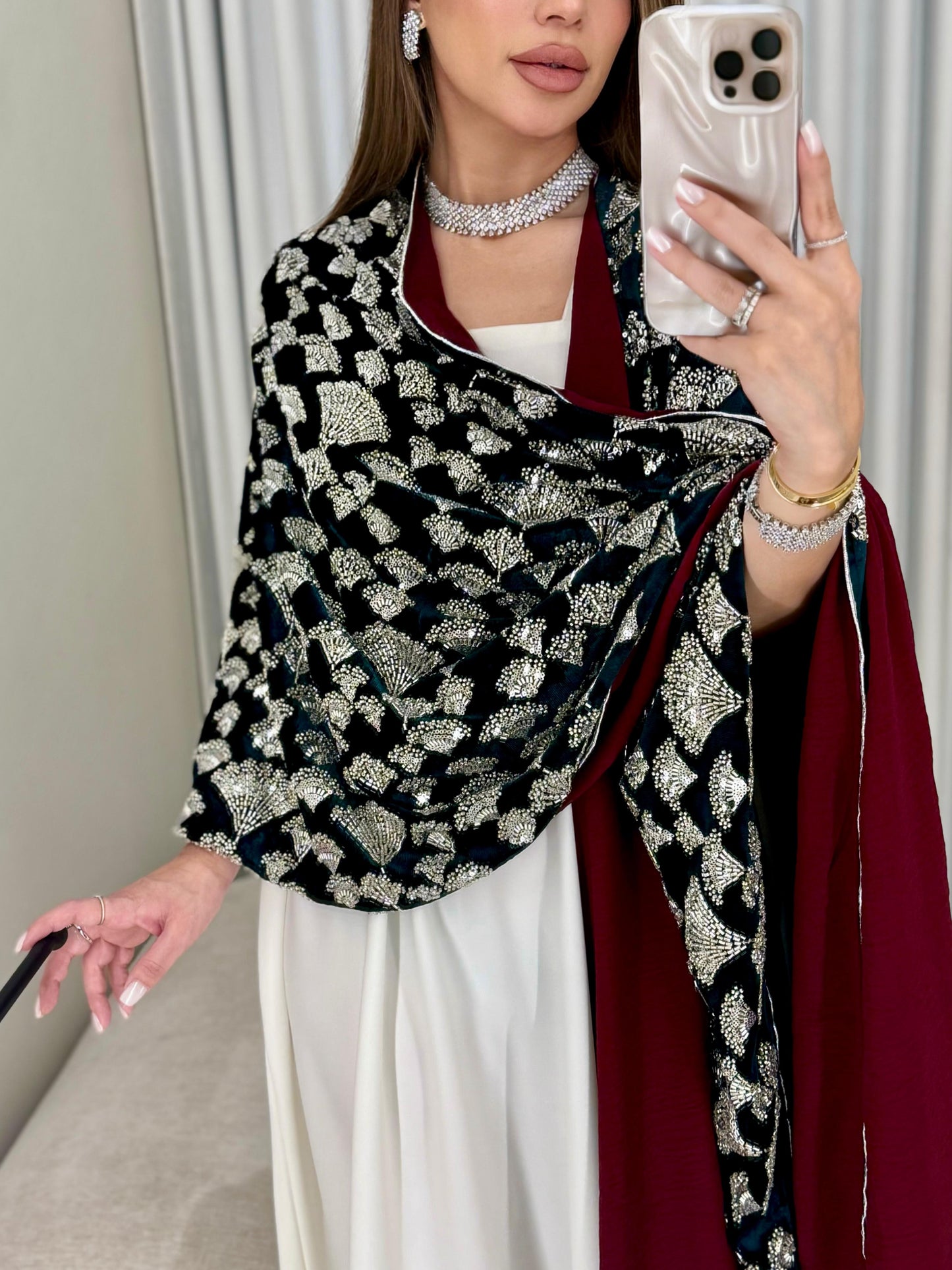 Velvet Poncho - Green x Maroon x silver Embellishments