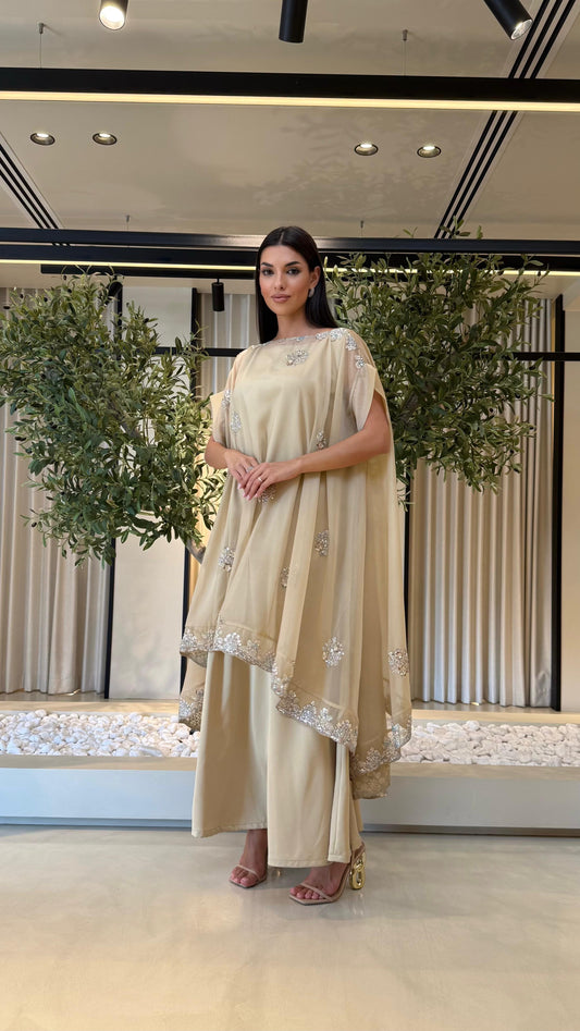Double Layer Jelwa Kaftan- Beige