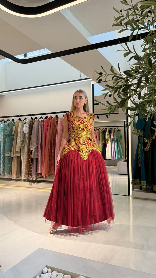 Nashel Jelwa Geometrical Dress X Tulle- Red