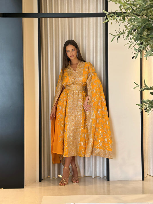 Jelwa Cape sleeves  Dress- Mustard