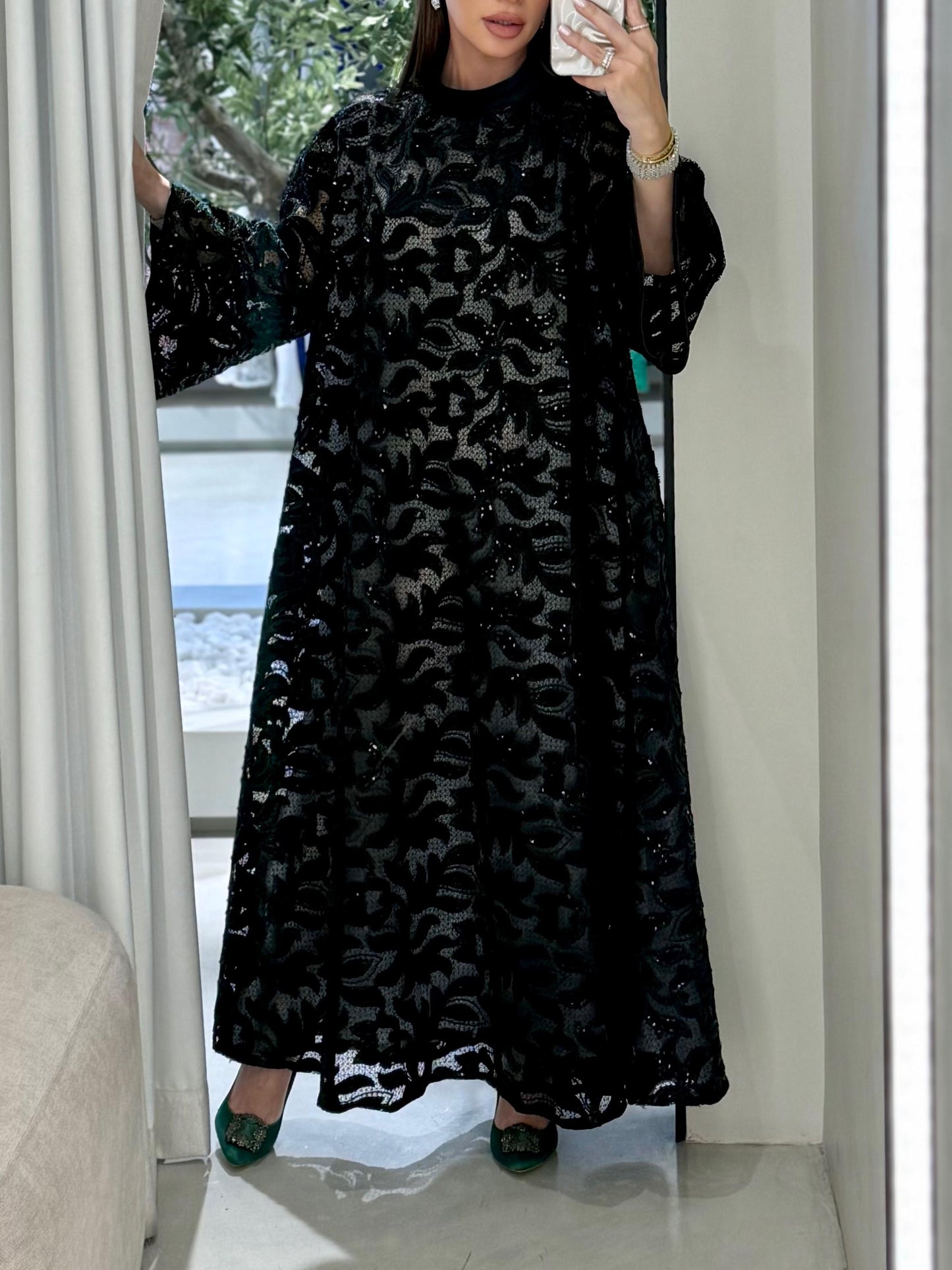 Velvet Kaftan - dark green x Grey x cutouts & Embellishmentsi