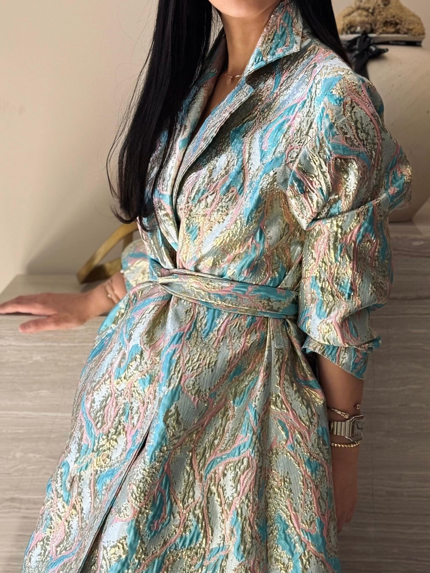 Brocade Trench Dress - Sky Blue x Gold