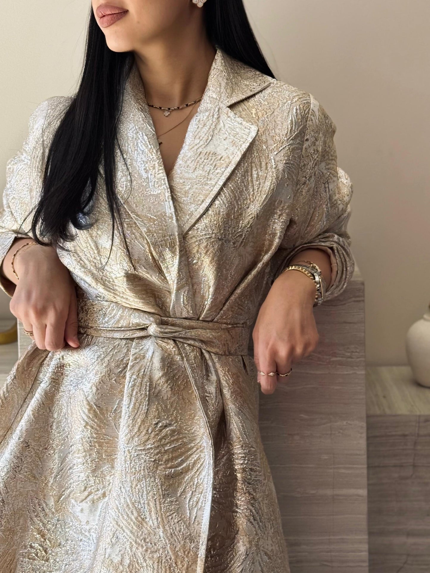 Brocade Trench Dress -Cream x Gold