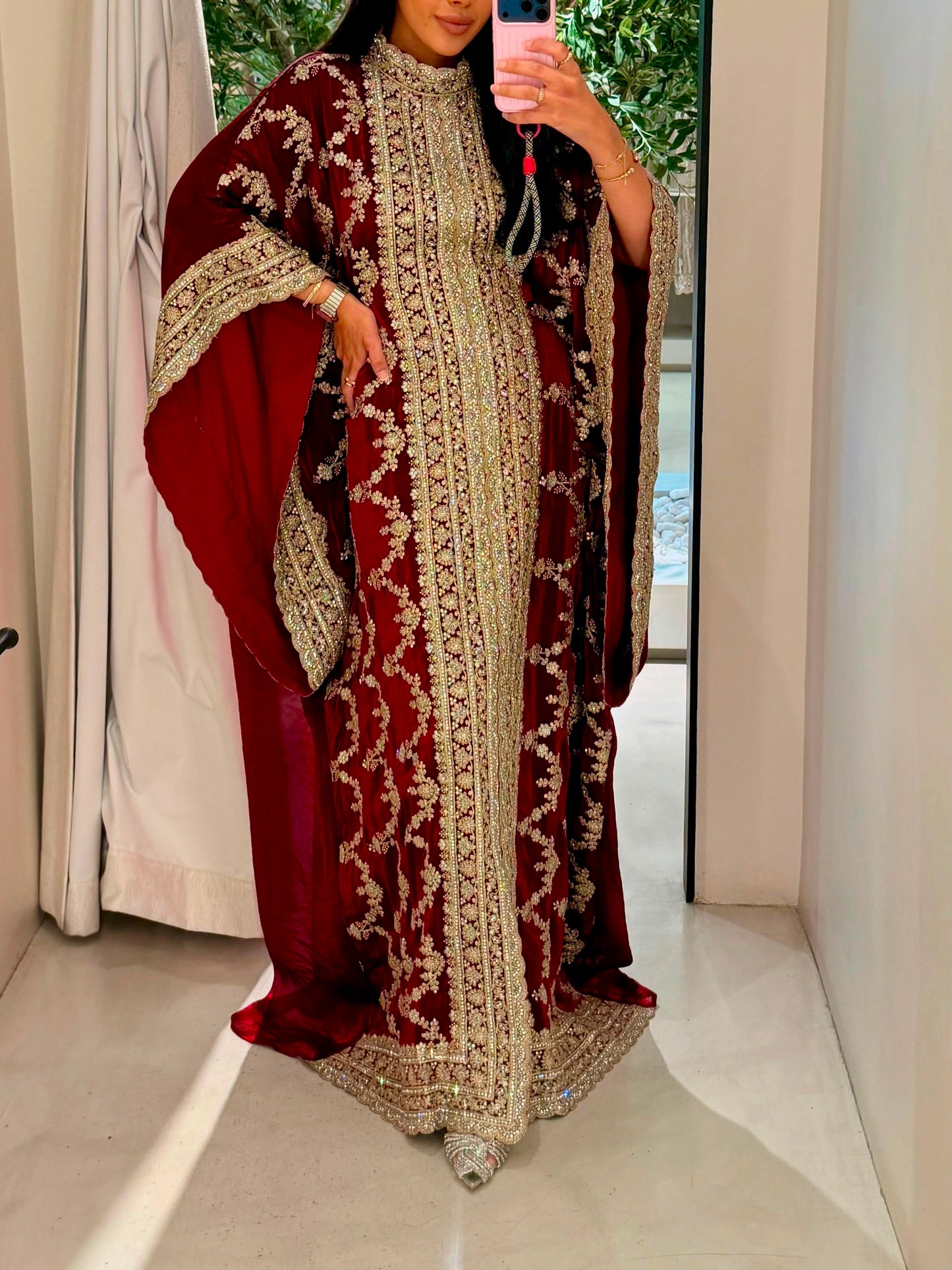 Wide Sleeves Jelwa Kaftan - Maroon