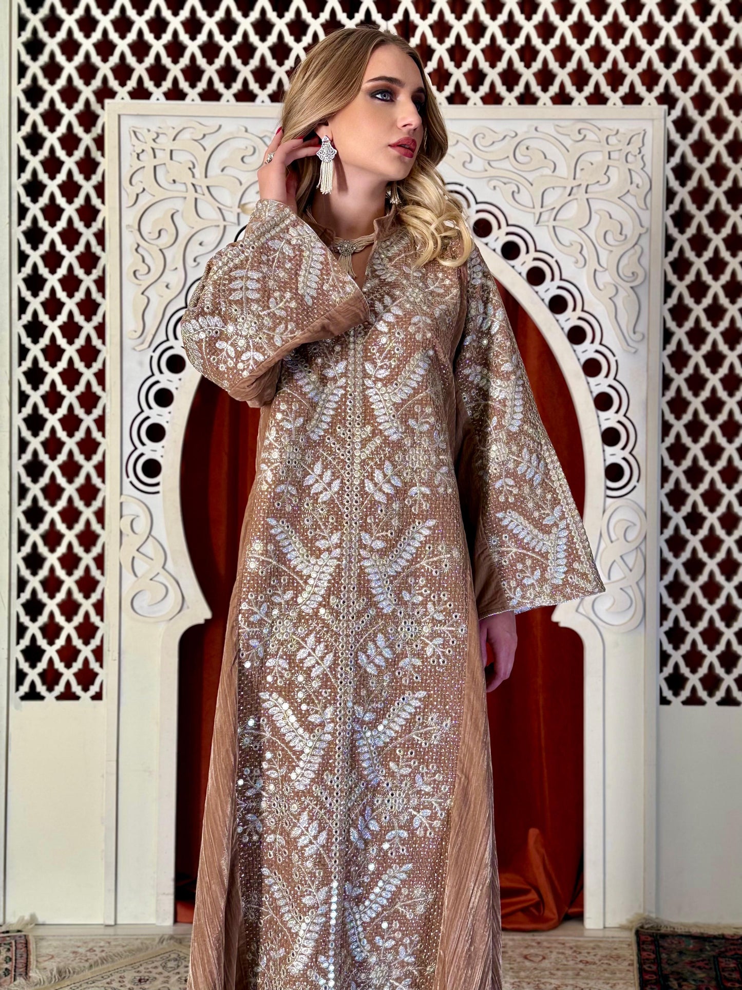 Velvet Embroidery Kaftan - caramel