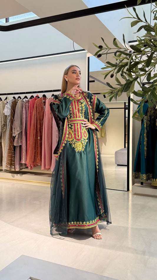 Nashel Jelwa Bridal Dress x Tulle Coverup - Royal Green