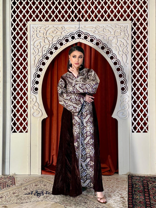 Velvet Embroidery Kaftan - chocolate